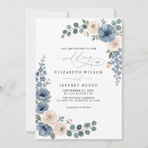 Dusty Blue Ivory Blush Floral QR Code Wedding Invitation