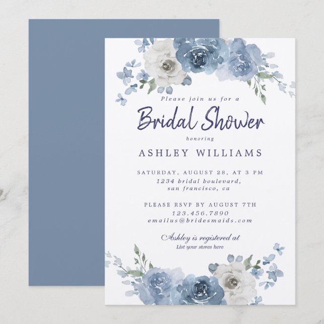Dusty Blue Ivory Bridal Shower Invitation (Front/Back)