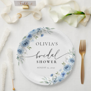 Dusty Blue Ivory Bridal Shower Paper Plate