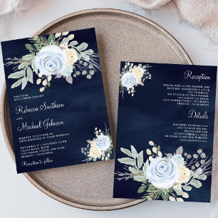 Dusty Blue Ivory Floral All in One Navy Wedding Invitation