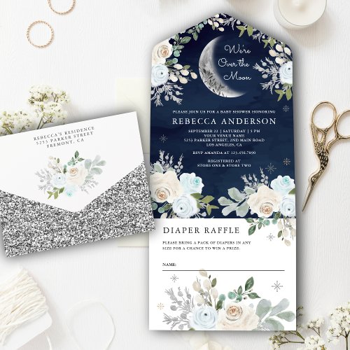 Dusty Blue Ivory Floral Boho Moon Navy Baby Shower All In One Invitation