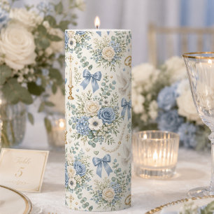 Dusty Blue Ivory Floral Dove Wedding Pillar Candle