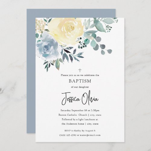 Dusty Blue Ivory Floral Greenery Baptism Invitation