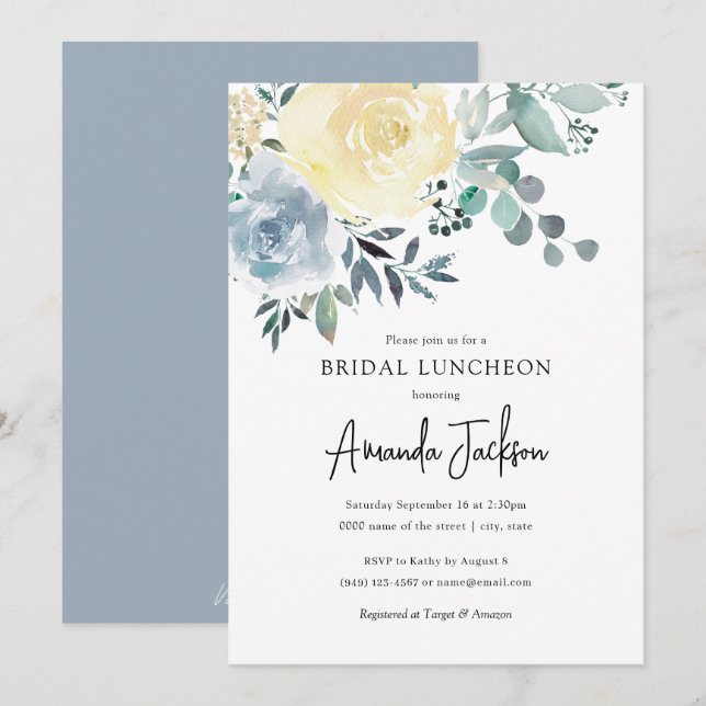 Dusty Blue Ivory Floral Greenery Bridal Luncheon Invitation (Front/Back)