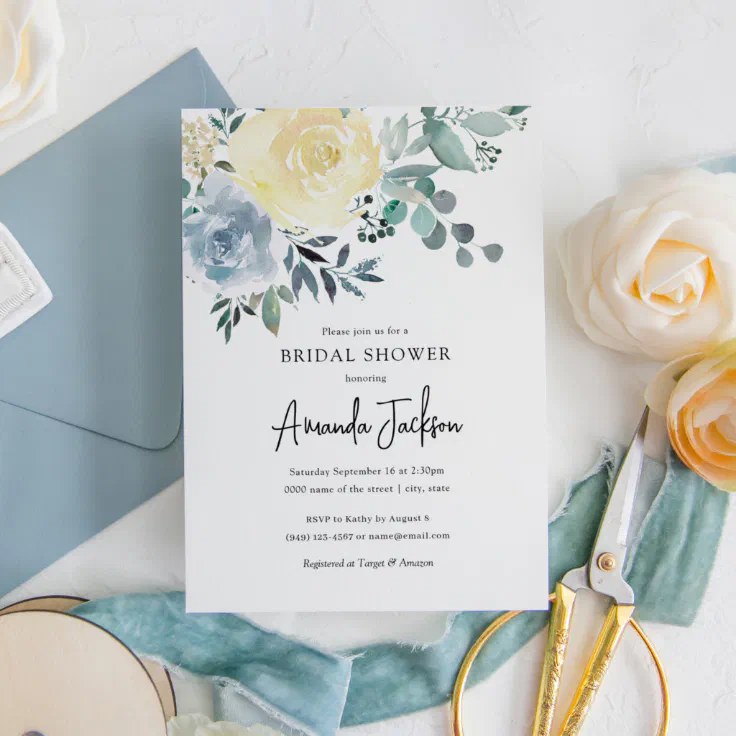 Dusty Blue Ivory Floral Greenery Bridal Shower Invitation | Zazzle