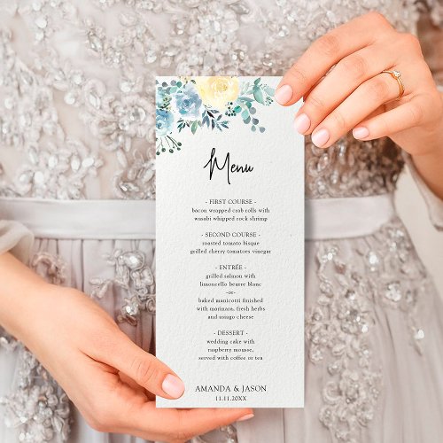 Dusty Blue Ivory Floral Greenery Wedding Menu