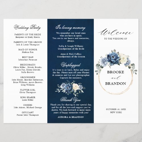 Dusty Blue Ivory Floral Tri_fold Wedding Program