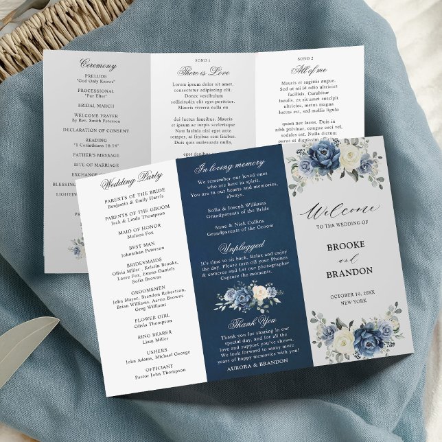 Dusty Blue Ivory Floral Tri-fold Wedding Program (Dusty Blue Ivory Floral Tri-fold Wedding Program card)