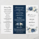 Dusty Blue Ivory Floral Tri-fold Wedding Program<br><div class="desc">Dusty blue floral wedding tri-fold program card featuring elegant bouquet of navy blue, royal blue , white , gold, champagne ivory, blush color rose , ranunculus flower buds and sage green eucalyptus leaves and elegant watercolor bouquet. Please contact me for any help in customization or if you need any other...</div>