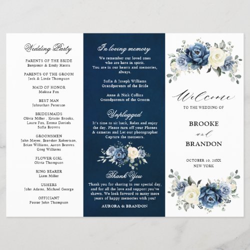 Dusty Blue Ivory Floral Tri_fold Wedding Program