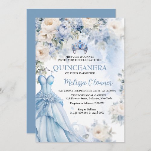 Dusty Blue Ivory Floral Wedding Invitation