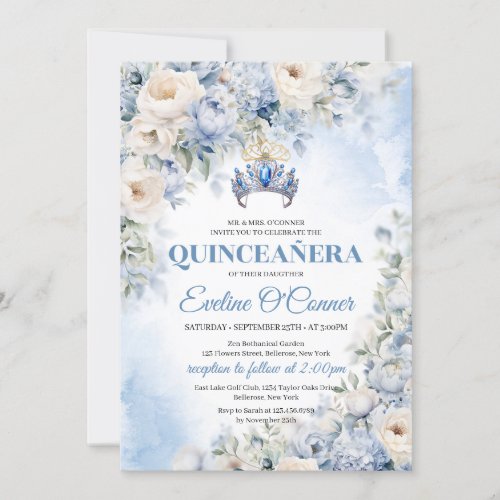 Dusty Blue  Ivory Flowers blue crown Quinceaera Invitation