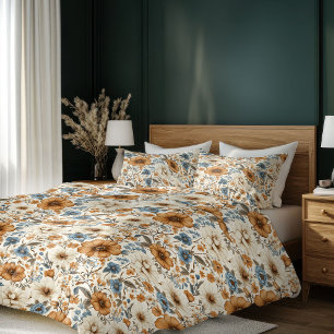 Dusty Blue Ivory Flowers Elegant Bohemian Bedroom Duvet Cover