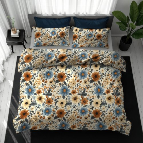 Dusty Blue Ivory Flowers Opulent Boho Wedding Gift Duvet Cover
