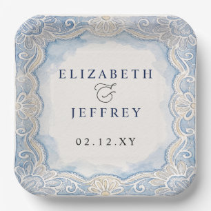 Dusty Blue Ivory Lace Old Money Wedding Paper Plates