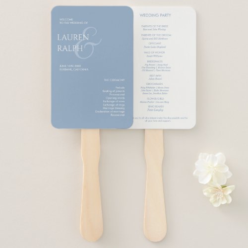 Dusty Blue Ivory Monogram Welcome Wedding Program Hand Fan