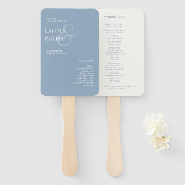 Dusty Blue Ivory Monogram Welcome Wedding Program Hand Fan (Front and Back)