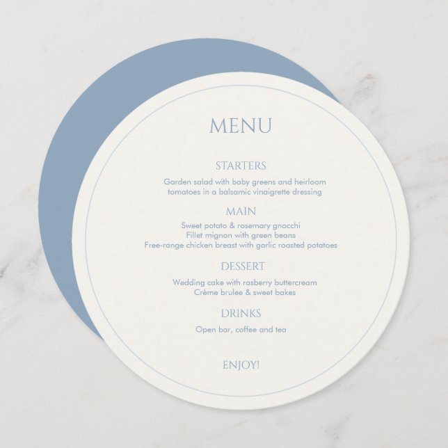 Dusty Blue & Ivory Monogrammed Round Wedding Menu (Front/Back)