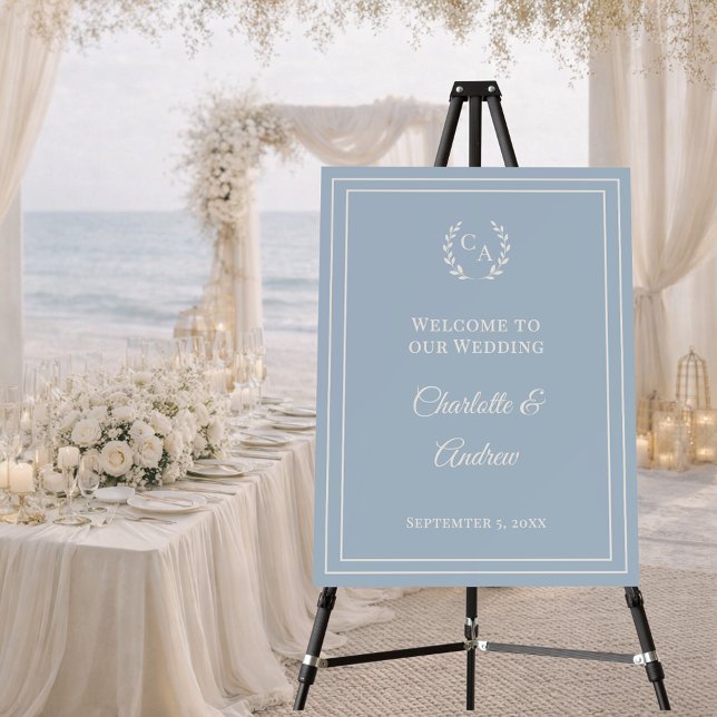 Dusty blue ivory monogrammed wedding welcome foam board (Creator Uploaded)