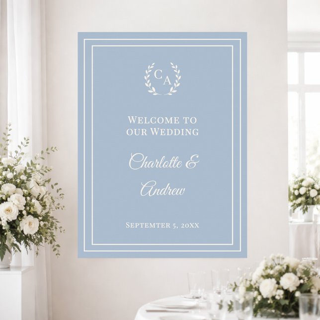 Dusty blue ivory monogrammed wedding welcome poster (Creator Uploaded)