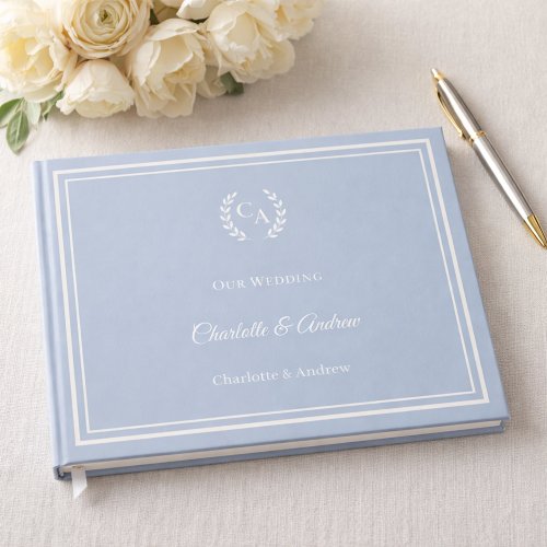 Dusty blue ivory monogrammed wreath wedding