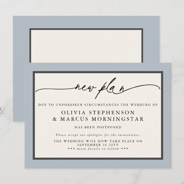 Dusty Blue Ivory - New Plan Modern Postponed Event Invitation (Front/Back)