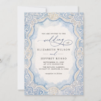 Dusty Blue Ivory Old Money Lace QR Code Wedding Invitation