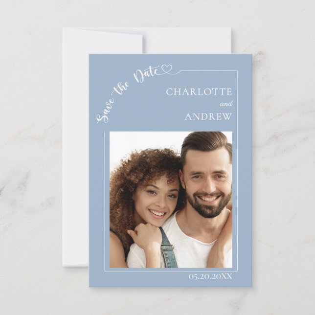 Dusty blue ivory photo wedding Save the Date (Front)