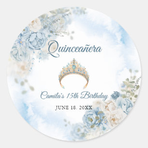 Dusty Blue Ivory Rose Flowers Quinceanera Birthday Classic Round Sticker