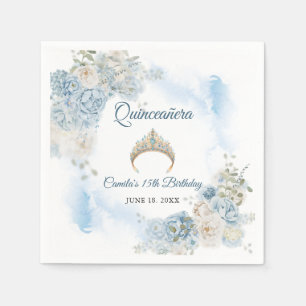 Dusty Blue Ivory Rose Flowers Quinceanera Birthday Napkins