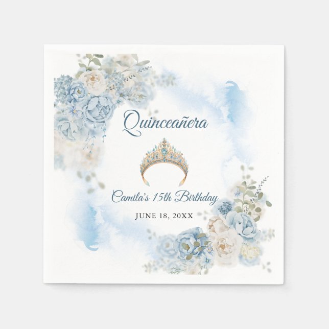 Dusty Blue Ivory Rose Flowers Quinceanera Birthday Napkins (Front)