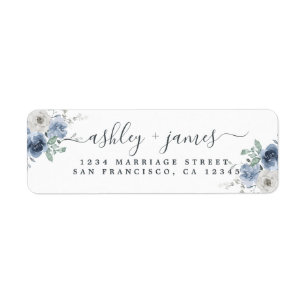 Dusty Blue Ivory Rose Script Return Address Label