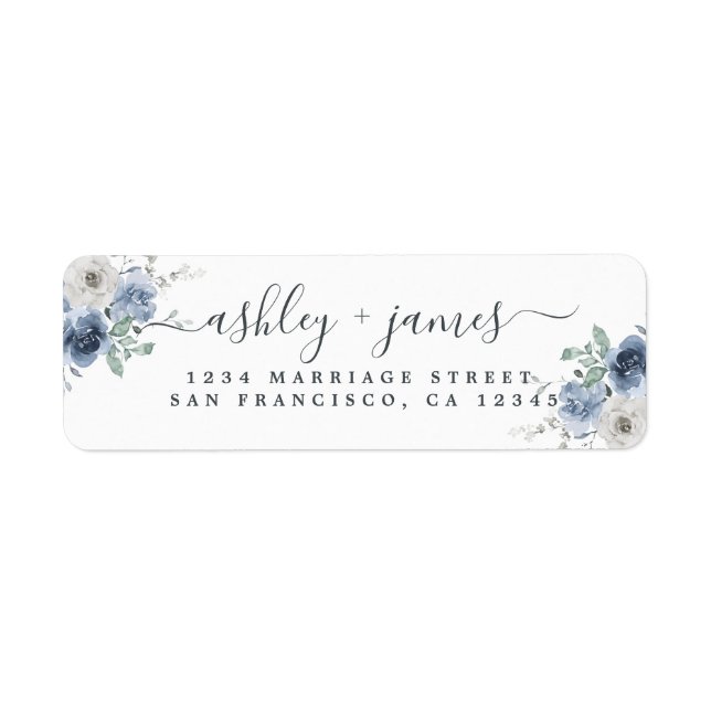 Dusty Blue Ivory Rose Script Return Address Label (Front)