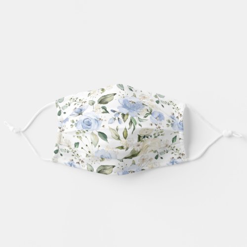 Dusty Blue Ivory Rose White Hydrangea Peony Floral Adult Cloth Face Mask