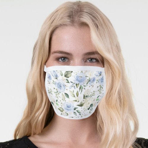 Dusty Blue Ivory Rose White Hydrangea Peony Floral Face Mask
