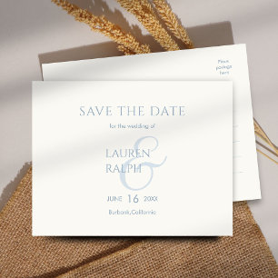 Dusty Blue & Ivory Script Wedding Save The Date  Announcement Postcard