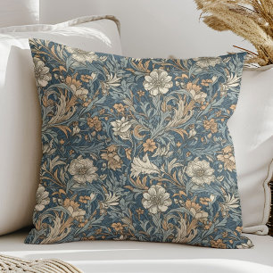 Dusty blue ivory tan Art nouveau William Morris Throw Pillow