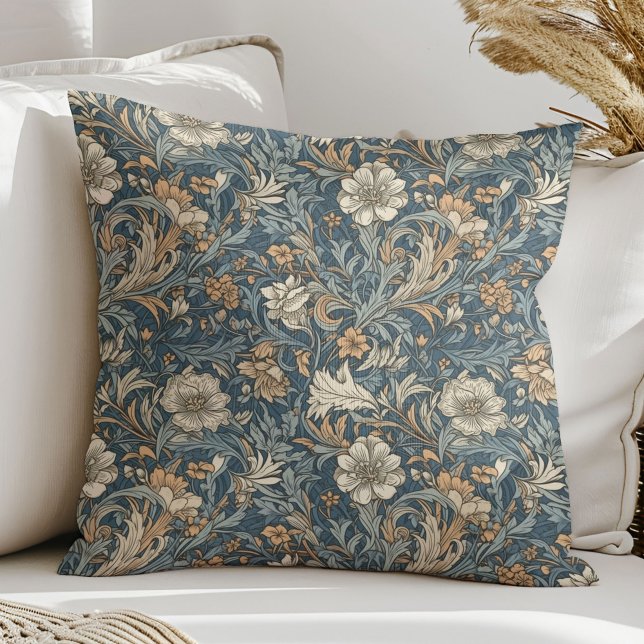 Dusty blue ivory tan Art nouveau William Morris Throw Pillow (Dusty blue ivory tan Art nouveau William Morris Throw Pillow)