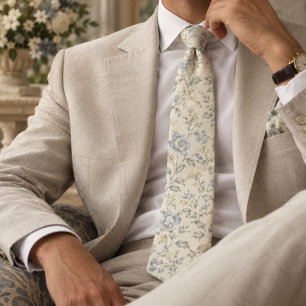 Dusty Blue Ivory Vintage Floral Neck Tie