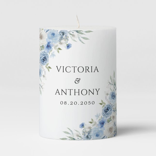 Dusty Blue Ivory Wedding Pillar Candle (Front)