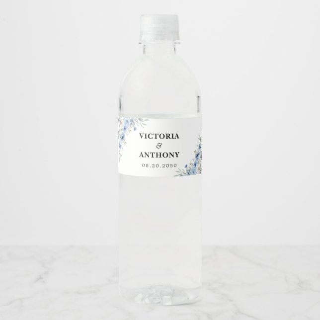 Dusty Blue Ivory Wedding Water Bottle Labels (Front)