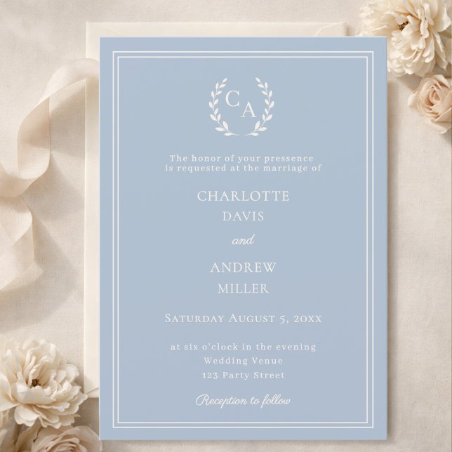 Dusty blue ivory wreath monogram luxury wedding  invitation (Creator Uploaded)
