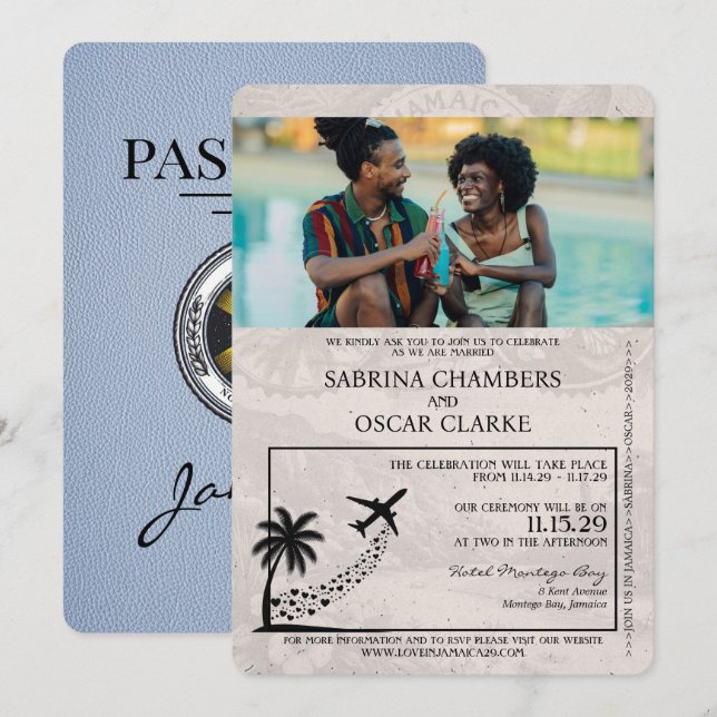 Dusty Blue Jamaica Passport Wedding Invitation (Front/Back)
