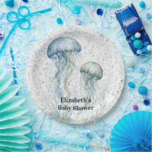 Dusty Blue Jellyfish Boy Baby Shower Paper Plates
