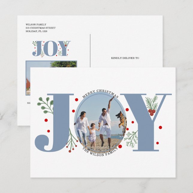 Dusty blue Joy, berries Christmas holiday photo Postcard (Front/Back)