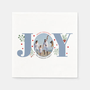 Dusty blue Joy, berries Christmas photo Holiday Napkins