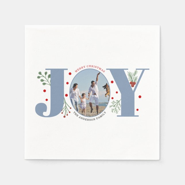 Dusty blue Joy, berries Christmas photo Holiday Napkins (Front)