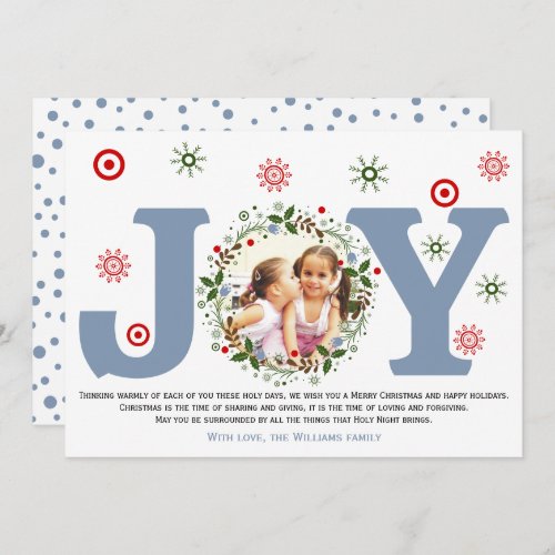 Dusty blue Joy Christmas floral wreath photo Holiday Card