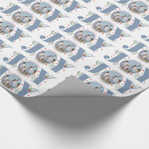 Dusty blue JOY Merry Christmas holiday photo Wrapping Paper