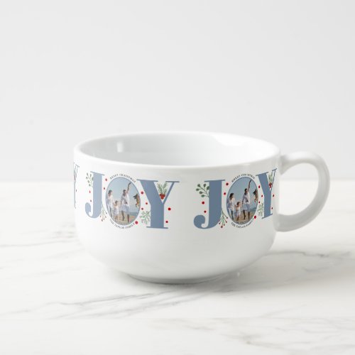 Dusty blue Joy with berries Christmas photo Soup Mug